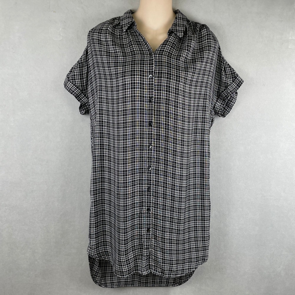 Madewell Central Shirt Dress Black Plaid Tulip Hem Button Front Viscose G1765 XS - Picture 3 of 10